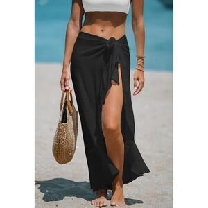 Cupshe Black Ruffle Wrap Sarong Maxi Skirt Swim Cover Up CAA07D3D3PP (A)
